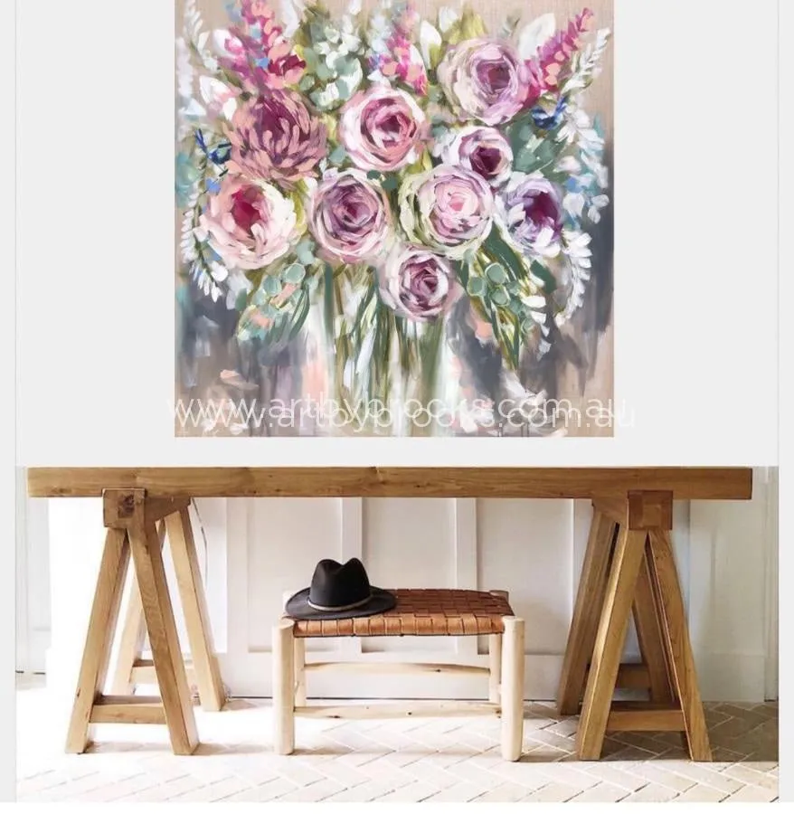 Vintage blooms and blue wrens    -original on Belgian linen  120 x120 cm