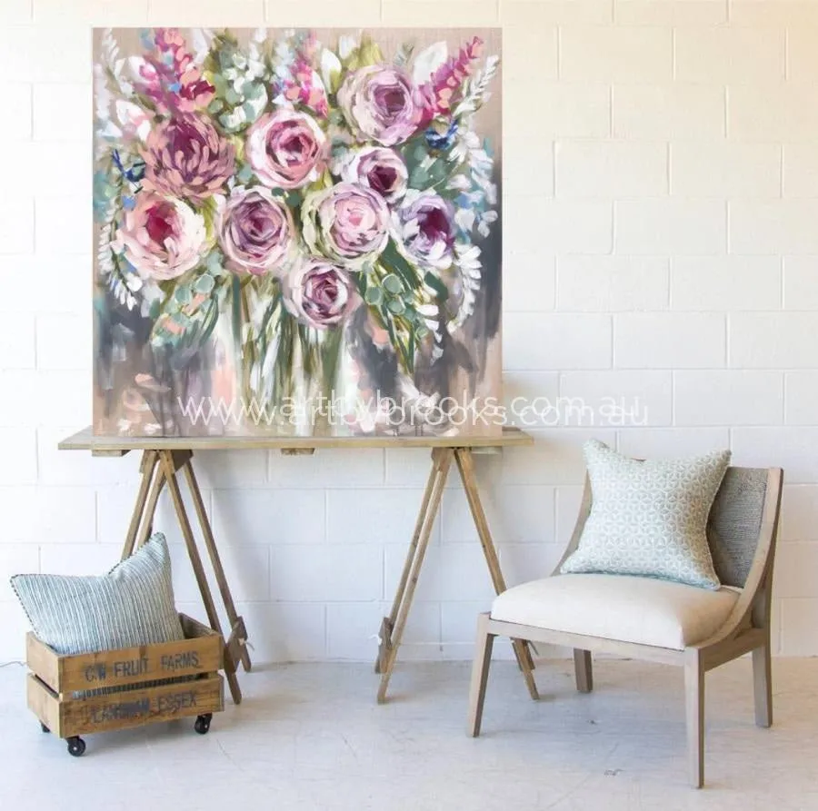 Vintage blooms and blue wrens    -original on Belgian linen  120 x120 cm