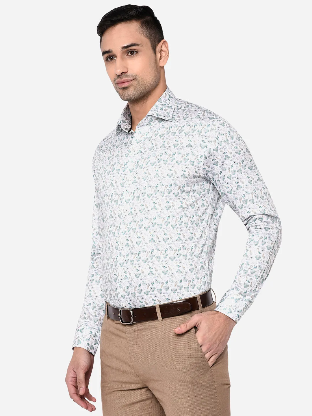 White & Green Printed Slim Fit Party Wear Shirt | Wyre