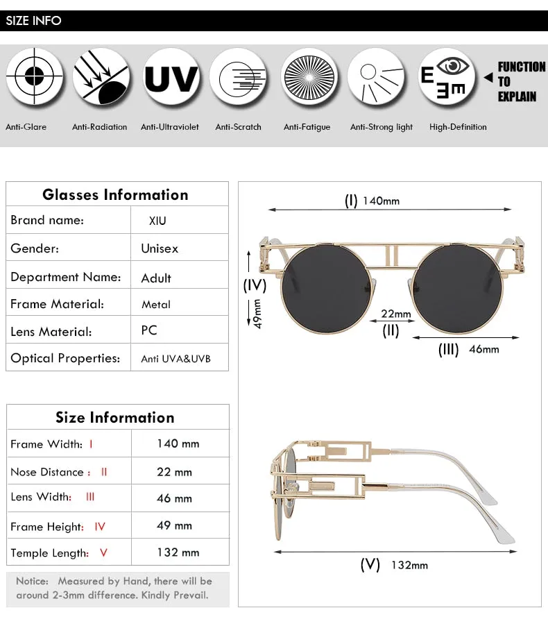 Xiu Brand Men's Steampunk Gothic Sunglasses Women Brand Designer Rose Gold